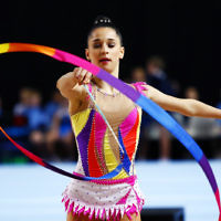 2-6-17. 2017 Australian Gymnastics Championships. Hisense Arena. Junior International Rythmic Gymnastics, Rashelle Feldman, ribbon. Photo: Peter Haskin 2-6-17. 2017 Australian Gymnastics Championships. Hisense Arena. Junior International Rythmic Gymnastics, Rashelle Feldman, ribbon. Photo: Peter Haskin