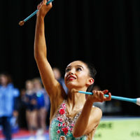 2-6-17. 2017 Australian Gymnastics Championships. Hisense Arena. Junior International Rythmic Gymnastics, Alexandra Kiroi, clubs. Photo: Peter Haskin 2-6-17. 2017 Australian Gymnastics Championships. Hisense Arena. Junior International Rythmic Gymnastics, Alexandra Kiroi, clubs. Photo: Peter Haskin
