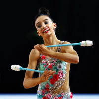 2-6-17. 2017 Australian Gymnastics Championships. Hisense Arena. Junior International Rythmic Gymnastics, Alexandra Kiroi, clubs. Photo: Peter Haskin 2-6-17. 2017 Australian Gymnastics Championships. Hisense Arena. Junior International Rythmic Gymnastics, Alexandra Kiroi, clubs. Photo: Peter Haskin