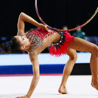 3-6-17. 2017 Australian Gymnastics Championships. Hisense Arena. Junior International Rythmic Gymnastics, Alexandra Kiroi, hoop. Photo: Peter Haskin 3-6-17. 2017 Australian Gymnastics Championships. Hisense Arena. Junior International Rythmic Gymnastics, Alexandra Kiroi, hoop. Photo: Peter Haskin