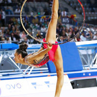 3-6-17. 2017 Australian Gymnastics Championships. Hisense Arena. Junior International Rythmic Gymnastics, Alexandra Kiroi, hoop. Photo: Peter Haskin 3-6-17. 2017 Australian Gymnastics Championships. Hisense Arena. Junior International Rythmic Gymnastics, Alexandra Kiroi, hoop. Photo: Peter Haskin