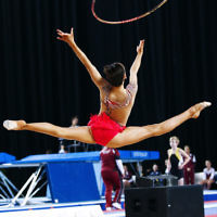 3-6-17. 2017 Australian Gymnastics Championships. Hisense Arena. Junior International Rythmic Gymnastics, Alexandra Kiroi, hoop. Photo: Peter Haskin 3-6-17. 2017 Australian Gymnastics Championships. Hisense Arena. Junior International Rythmic Gymnastics, Alexandra Kiroi, hoop. Photo: Peter Haskin