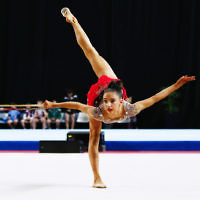 3-6-17. 2017 Australian Gymnastics Championships. Hisense Arena. Junior International Rythmic Gymnastics, Alexandra Kiroi, hoop. Photo: Peter Haskin 3-6-17. 2017 Australian Gymnastics Championships. Hisense Arena. Junior International Rythmic Gymnastics, Alexandra Kiroi, hoop. Photo: Peter Haskin