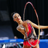 3-6-17. 2017 Australian Gymnastics Championships. Hisense Arena. Junior International Rythmic Gymnastics, Alexandra Kiroi, hoop. Photo: Peter Haskin 3-6-17. 2017 Australian Gymnastics Championships. Hisense Arena. Junior International Rythmic Gymnastics, Alexandra Kiroi, hoop. Photo: Peter Haskin