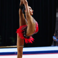 3-6-17. 2017 Australian Gymnastics Championships. Hisense Arena. Junior International Rythmic Gymnastics, Alexandra Kiroi, hoop. Photo: Peter Haskin 3-6-17. 2017 Australian Gymnastics Championships. Hisense Arena. Junior International Rythmic Gymnastics, Alexandra Kiroi, hoop. Photo: Peter Haskin