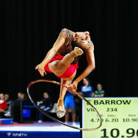 3-6-17. 2017 Australian Gymnastics Championships. Hisense Arena. Junior International Rythmic Gymnastics, Alexandra Kiroi, hoop. Photo: Peter Haskin 3-6-17. 2017 Australian Gymnastics Championships. Hisense Arena. Junior International Rythmic Gymnastics, Alexandra Kiroi, hoop. Photo: Peter Haskin