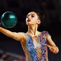 3-6-17. 2017 Australian Gymnastics Championships. Hisense Arena. Junior International Rythmic Gymnastics, Alexandra Kiroi, ball. Photo: Peter Haskin 3-6-17. 2017 Australian Gymnastics Championships. Hisense Arena. Junior International Rythmic Gymnastics, Alexandra Kiroi, ball. Photo: Peter Haskin