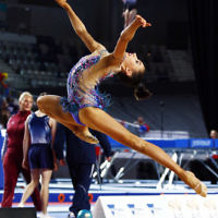 3-6-17. 2017 Australian Gymnastics Championships. Hisense Arena. Junior International Rythmic Gymnastics, Alexandra Kiroi, ball. Photo: Peter Haskin 3-6-17. 2017 Australian Gymnastics Championships. Hisense Arena. Junior International Rythmic Gymnastics, Alexandra Kiroi, ball. Photo: Peter Haskin