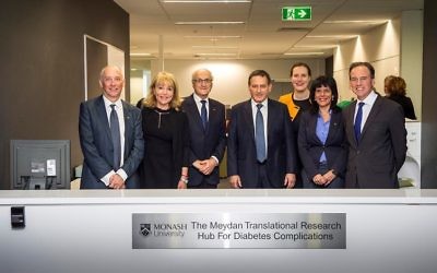 From left: Prof Mark Cooper, Miri Meydan, Prof Paul Zimmet, Moshe Meydan, Kelly O'Dwyer MP, Julia Banks MP and Greg Hunt MP. Photo: Gerard Hynes.