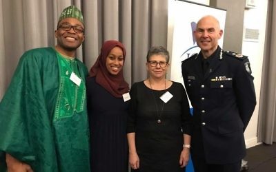 From left: Fred Alale, president of the Nigerian Society of Victoria, PriceWaterhouseCoopers intern Bareetu Aba-Bulgu, JCCV president Jennifer Huppert, and Victoria Police deputy commissioner Andrew Crisp.