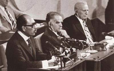 Egyptian president Anwar Sadat addressing the Knesset in 1977.