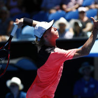 17-1-18. Australian Open 2018. Round 2 Mens doubles. Denis Shapovalov lost to Jo-Wilfried Tsonga. 6-3 3-6, 6-1, 6-7, 5-7. Photo: Peter Haskin