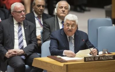 Mahmoud Abbas speaks during a United Nations Security Council meeting on Tuesday. Photo: Drew Angerer/Getty Images