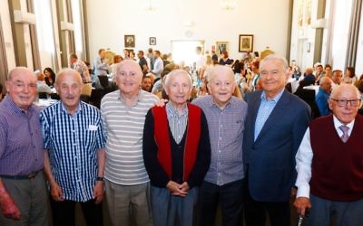 From left: Buchenwald Boys Henry Salter, Szaja Chaskiel, Salek Roth, Emil Koppel, Joe Kaufman, Joe Szwarcberg and Jack Unikoski at the commemoration.