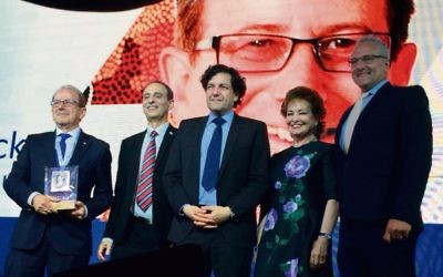 Julian Black (left and on screen) with Eliezer Sandberg, David Koschitzky, Julia Koschitzky and Greg Masel.