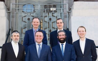 At the funding announcement at St Kilda Shule, clockwise from top left: State MP David Southwick, immediate past president of South Caulfield Shule Zeev Duieb, Senator James Paterson, Rabbi Yaakov Glasman of St Kilda Shule, Tim Wilson MP and Rabbi Dovid Rubinfeld of Melbourne Hebrew Congregation.