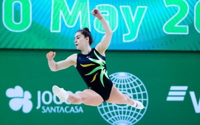 Deborah Greenbaum representing Australia at the 2018 Aerobic Gymnastics World Championships in Portugal.