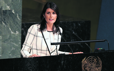 Nikki Haley addressing the UN General Assembly last Wednesday.
Photo: UN Photo/Evan Schneider