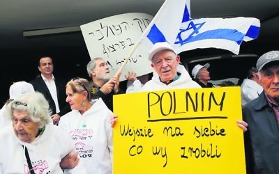 Holocaust survivors protesting in front of the Polish embassy in Tel Aviv in February. Photo: Gil Cohen-Magen/AFP/Getty Images