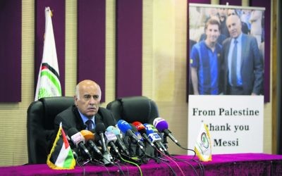 Jibril Rajoub speaking after Argentina cancelled its pre-World Cup friendly against Israel. Photo: AP Photo/Majdi Mohammed