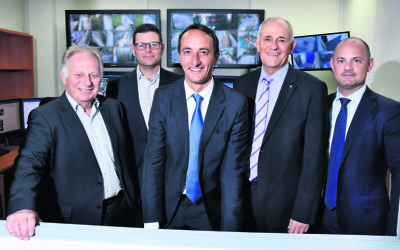 Liberal Candidate for Wentworth, Dave Sharma (centre) with (from left) Peter Wise, Lesli Berger, Peter Wertheim and CSG head of security David Rothman. Photo Noel Kessel