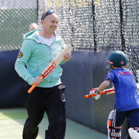 30-9-18. Legendary Jewish batsman Michael Klinger visited Maccabi Junior cricket training at Caulfield Park. Photo: Peter Haskin