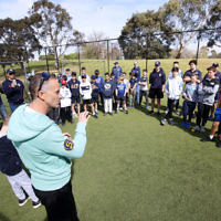 30-9-18. Legendary Jewish batsman Michael Klinger visited Maccabi Junior cricket training at Caulfield Park. Photo: Peter Haskin