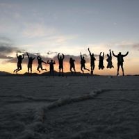 Jessica Nash and friends in Bolivia at sunset.