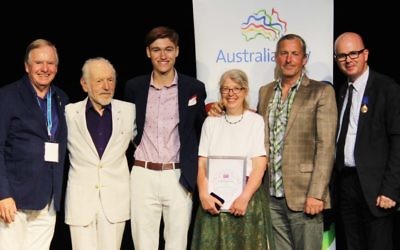 George Winston (second from left) with Blue Mountains mayor Mark Greenhill (first on right) and other Blue Mountains Australia Day award recipients. Photo: Blue Mountains City Council
