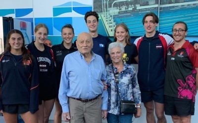 Nachum and Edna Buch (front) with (from left) Victorian swimmers Brooke Roseman, Jordana Marks, Isabella Smorgon, Jesse Nissen, Ashley Weill, Benno Negri, and NSW swimmer Zac Freuden.