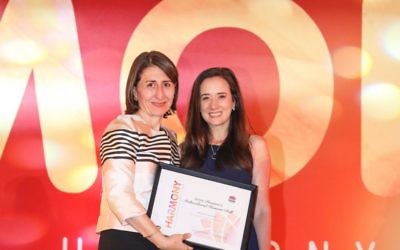 Rhiannon Spinak (right) accepts husband Jeremy Spinak's award from Premier Gladys Berejiklian. Photo: Salty Dingo Rhiannon Spinak (right) accepts husband Jeremy Spinak's award from Premier Gladys Berejiklian. Photo: Salty Dingo