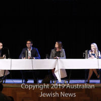 7-4-19. Macnamara electorate debate at Glen Eira Town Hall. From left: Josh Kirsh, moderator (AUJS) Josh Burns (ALP), Steph Hodgins-May (Greens), Kate Ashmor (Lib). Photo: Peter Haskin