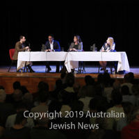 7-4-19. Macnamara electorate debate at Glen Eira Town Hall. From left: Josh Kirsh, moderator (AUJS) Josh Burns (ALP), Steph Hodgins-May (Greens), Kate Ashmor (Lib). Photo: Peter Haskin