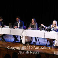 7-4-19. Macnamara electorate debate at Glen Eira Town Hall. From left: Josh Kirsh, moderator (AUJS) Josh Burns (ALP), Steph Hodgins-May (Greens), Kate Ashmor (Lib). Photo: Peter Haskin