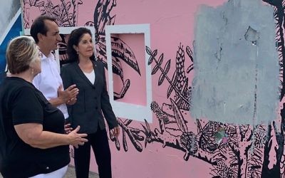 From left: Waverley Liberal councillor Sally Betts, Liberal candidate for Wentworth Dave Sharma, and NSW Jewish Board of Deputies acting president Isabelle Shapiro at the Bondi promenade where swastikas  were daubed last week.