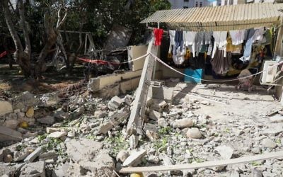 An apartment building hit by a rocket fired from the Gaza Strip in Ashkelon, in southern Israel, on May 5, 2019. (Noam Rivkin Fenton/Flash90)