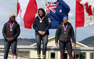 Australia’s Ashleigh Werner (centre) at the women’s monobob medal presentation at Lake Placid, USA, on April 13.