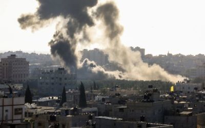 Smoke rises following an Israeli air strike in the Gaza Strip, May 4, 2019. (Hassan Jedi/Flash90)