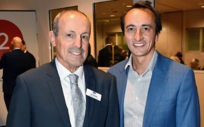NSW Jewish Board of Deputies CEO Vic Alhadeff (left) and Liberal candidate for Wentworth Dave Sharma. Photo: Noel Kessel