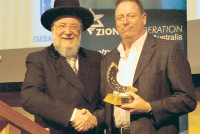  Chief Rabbi of Tel Aviv Israel Meir Lau (left) presented Dr Ron Weiser with the Jerusalem Prize in Sydney last month.     