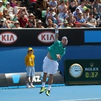 Australian Open 2011. Dudi Sela in first round action against Del Potro. Photo: Peter Haskin