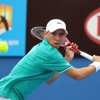 Australian Open 2011. Dudi Sela in first round action against Del Potro. Photo: Peter Haskin