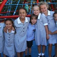 First day of school 2011. Gandel Besen House. From left: Amber Kausman, Sienna Klooger, Jade Kausman, Ezra and Sassi Liberman, Amy and Romy Klooger. Photo: Peter Haskin