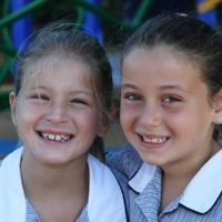First day of school 2011. Gandel Besen House. Zoe Smorgon (left), Abby Slonim. Photo: Peter Haskin