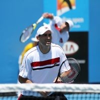 Australian Open 20-1-11.Jonathan Erlich serving. First round mens doubles.  Photo: Peter Haskin