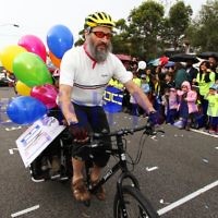 22-5-11. Chabad Youth Lag B'omer Parade 2011. Shlomo Werdiger promoting safe cycling. Photo: Peter Haskin 22-5-11. Chabad Youth Lag B'omer Parade 2011. Shlomo Werdiger promoting safe cycling. Photo: Peter Haskin