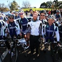 Memebers of the Maccabi Cycling Club, with Israeli around the world cyclist Roei "Jinji" Sadan (centre) arrive at Caulfield park for a solidarity rally to mark 5 years of Gilad Shalit's captivity. Photo: Peter Haskin Memebers of the Maccabi Cycling Club, with Israeli around the world cyclist Roei "Jinji" Sadan (centre) arrive at Caulfield park for a solidarity rally to mark 5 years of Gilad Shalit's captivity. Photo: Peter Haskin