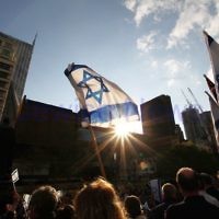 Say No to BDS 4-9-11. Anti BDS rally at the State Library . Organised by Victorian Young Liberals and the Australian Liberal Students' Federation.  Israeli flags being waved at the State Library. Photo: Peter Haskin