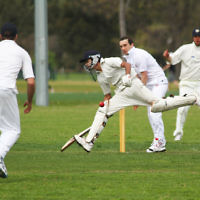 9-10-11. Maccabi Cricket v RMIT. Attempted run out. Photo: Peter Haskin