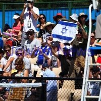 17-1-12. Australian Open 2012. Womens Round 1. Shahar Peer v Isabella Holland. Crowd waving Israeli flags. Photo: Peter Haskin 17-1-12. Australian Open 2012. Womens Round 1. Shahar Peer v Isabella Holland. Crowd waving Israeli flags. Photo: Peter Haskin